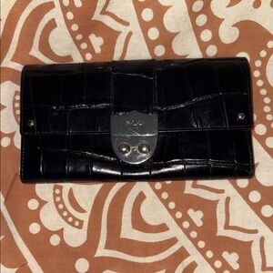 Lauren Ralph Lauren Black Croc-Embossed Leather Wallet with Silver Hardware